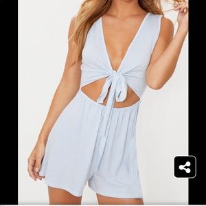 powder blue sleeveless front tie romper